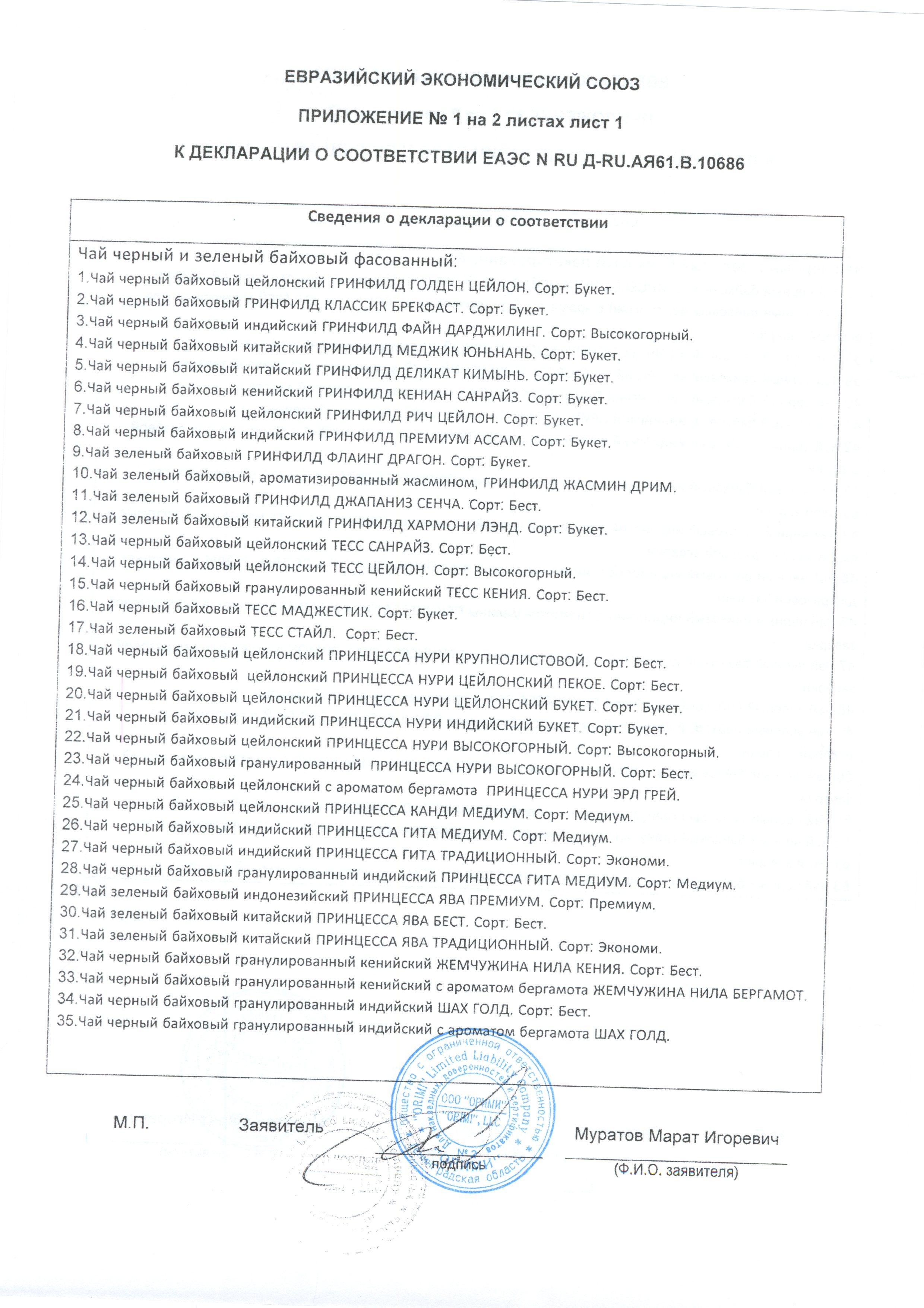Сертификат на товар - Чай Принцесса Нури Завтрак в Бенгалии черный 100 пакетиков