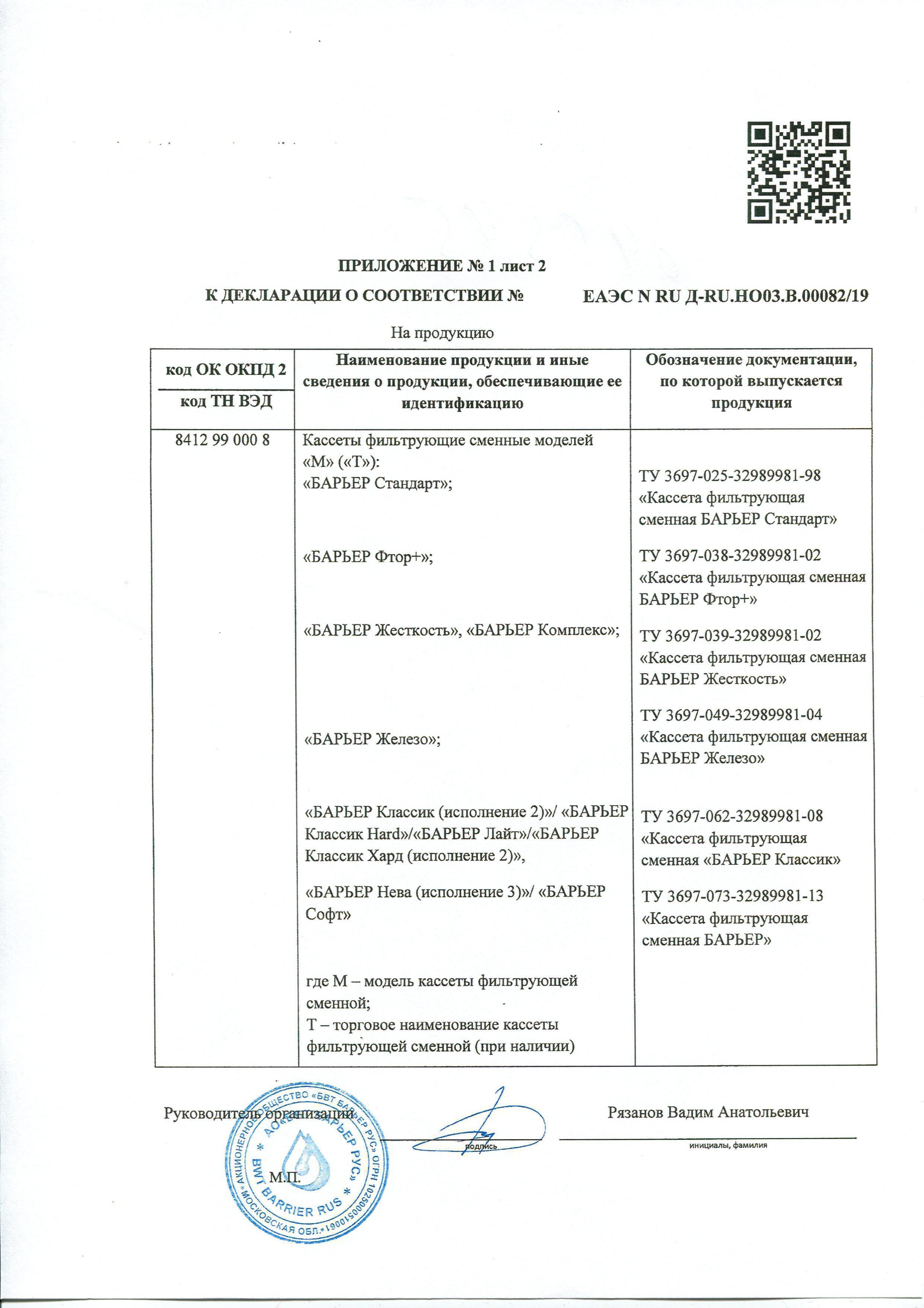Сертификат на товар - Картридж-фильтр Барьер-4 Стандарт 3 штуки в упаковке