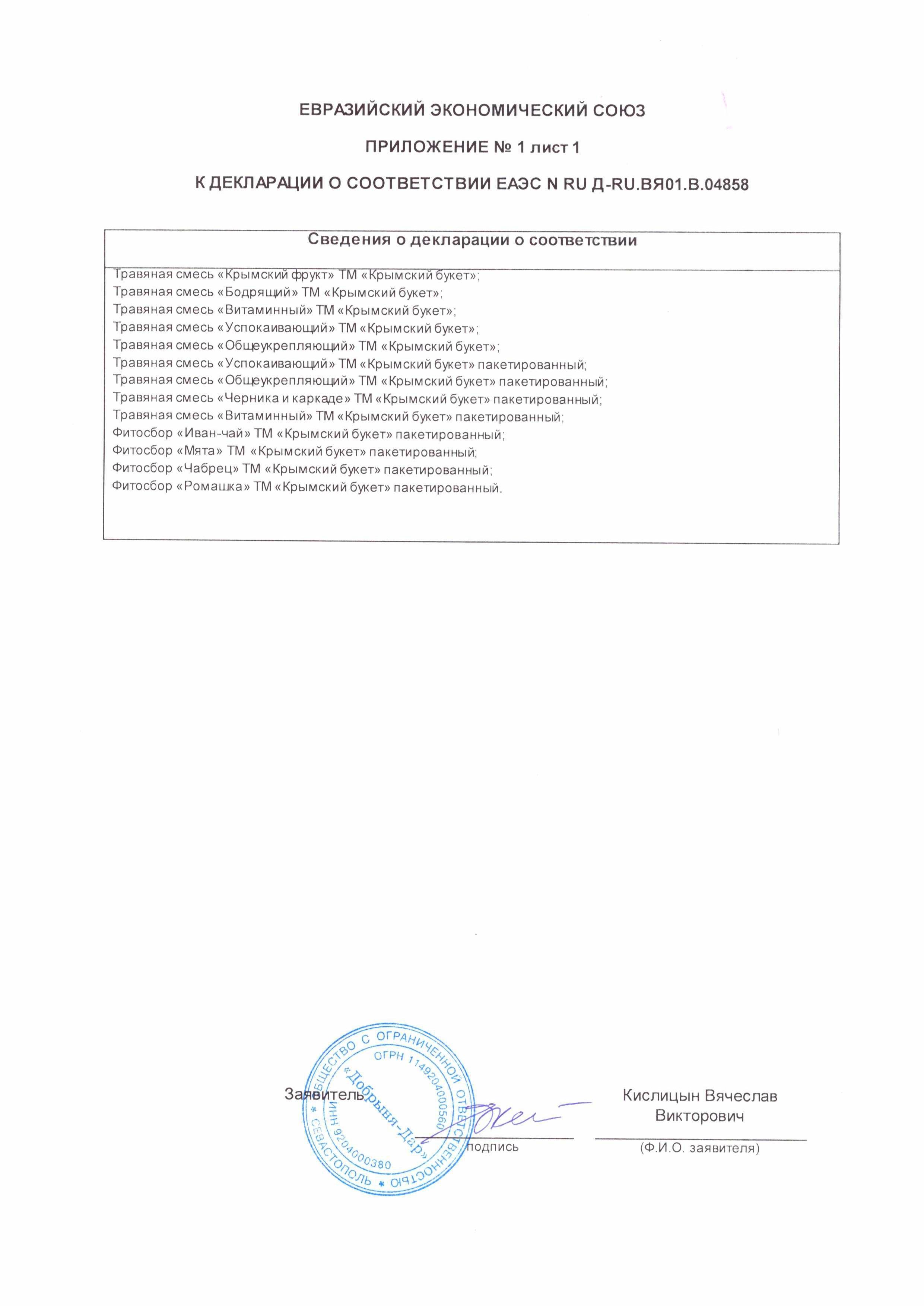 Сертификат на товар - Чай подарочный Крымский букет Бодрящий травяной 50 г