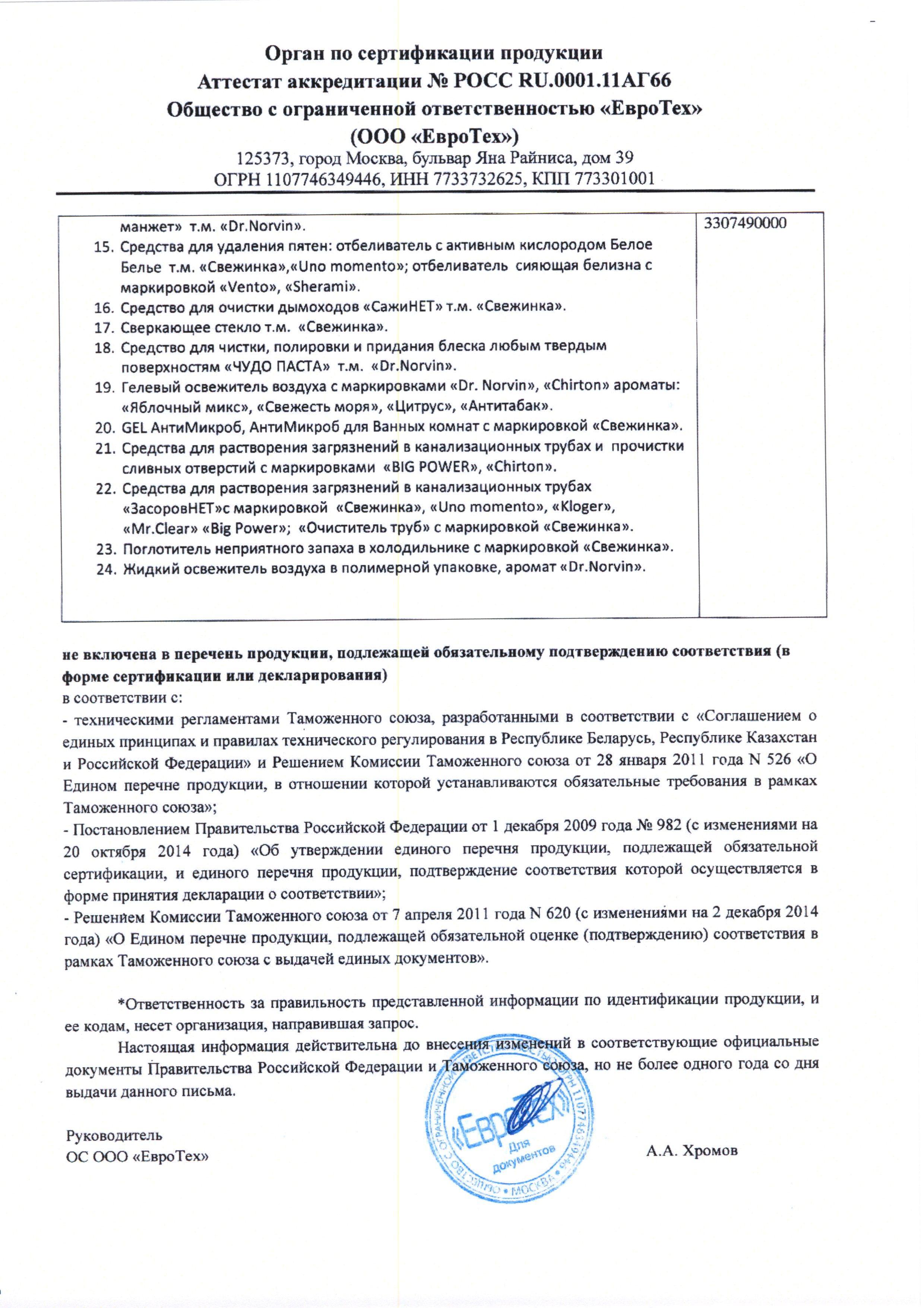 Сертификат на товар - Cредство для прочистки труб Chirton порошок 60 г
