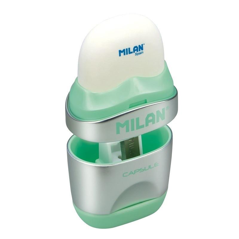 Ластик-точилка Milan CAPSULE SILVER+2 зап.ластика, цв в асс, блистBYM10356