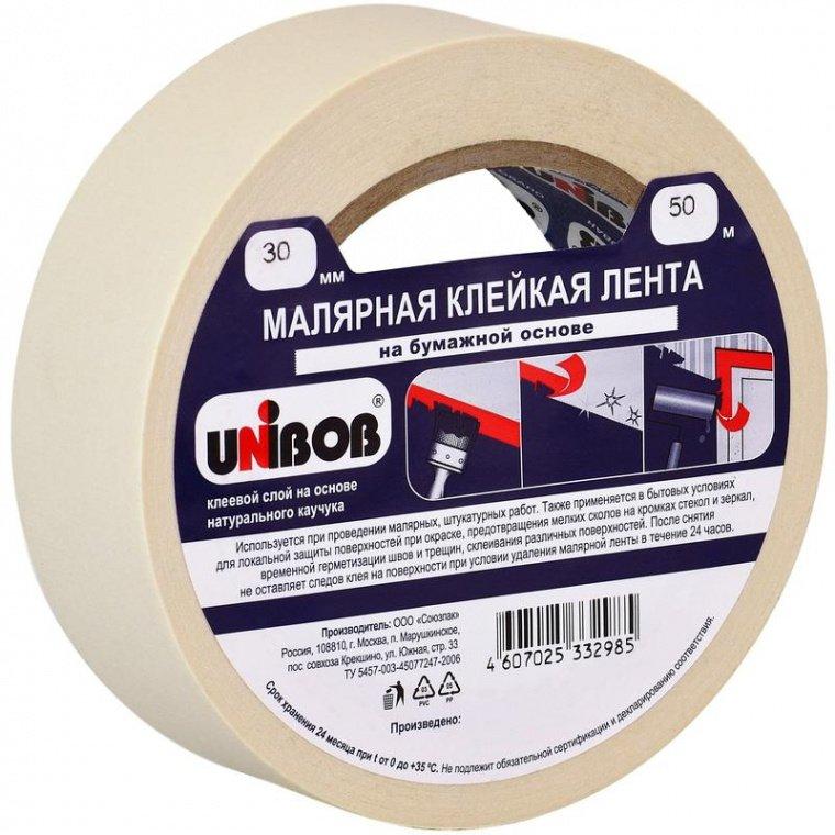 Клейкая лента малярная Unibob белая 30 мм х 50 м (бумажная, легкоудаляемая)