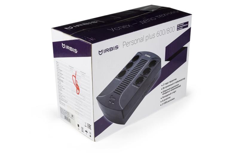IRBIS UPS Personal plus  600VA/360W, Line-Interactive, AVR, 6xSchuko outlets(3 Surge & 3 batt.), 2 USB charger, 2 year warranty