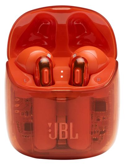 JBL T225 TWS наушники внутриканальные с микрофоном: BT 5.0, до 5 часов, цвет прозрачный/оранжевый